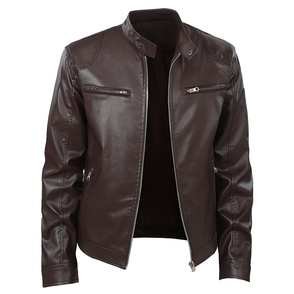 Herren Kunstlederjacke Elegant Stehkragen Reißverschluss Taschen Schwarz
