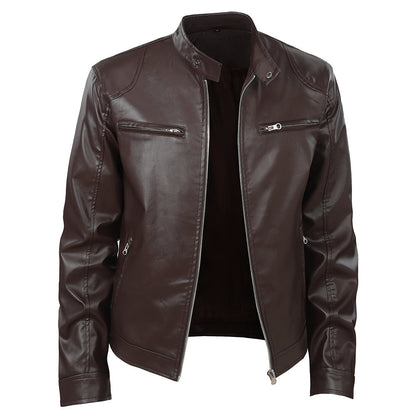 Herren Kunstlederjacke Elegant Stehkragen Reißverschluss Taschen Schwarz