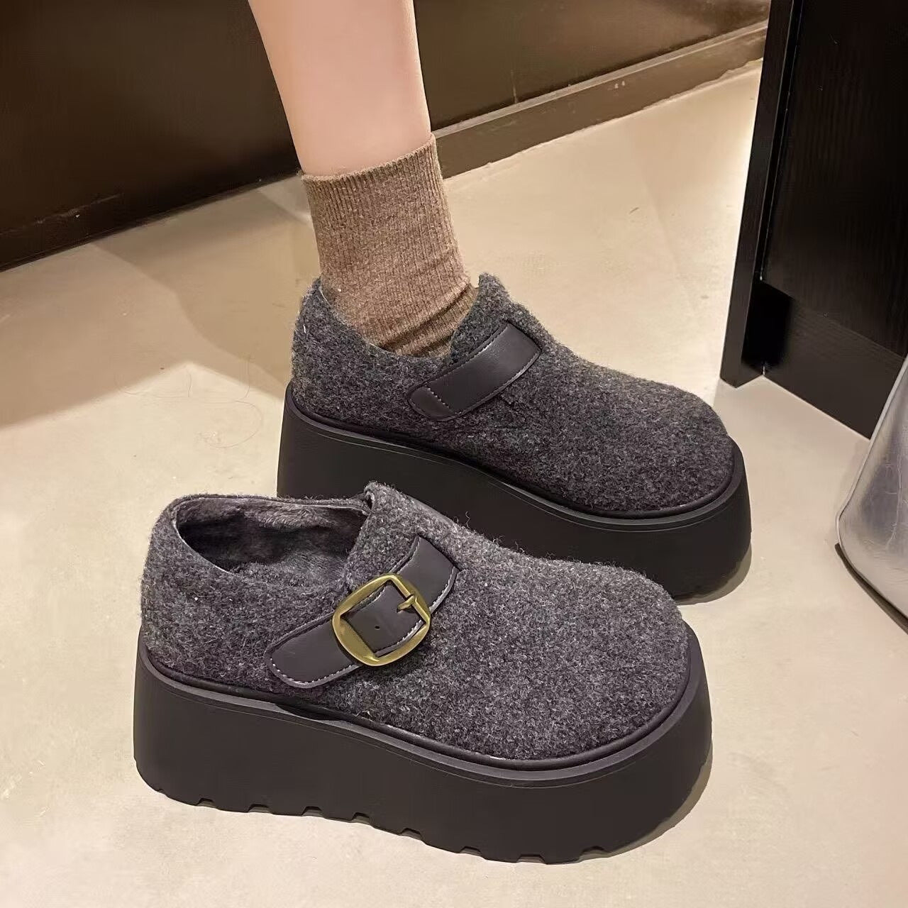 Damen Plattform-Pantoletten Hoch Bequem Schnalle Schuhe