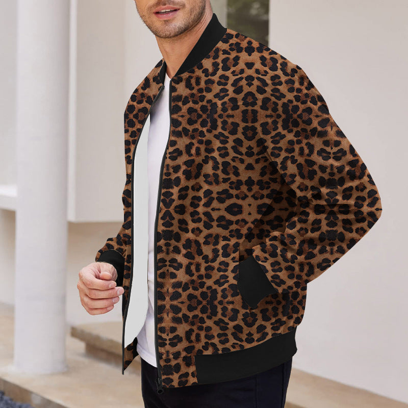 Herren Bomberjacke Sportlich Leopard Muster Schwarz
