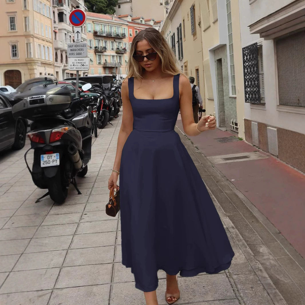 A-Linie Maxikleid Quadrat-Ausschnitt Damenkleid Lang