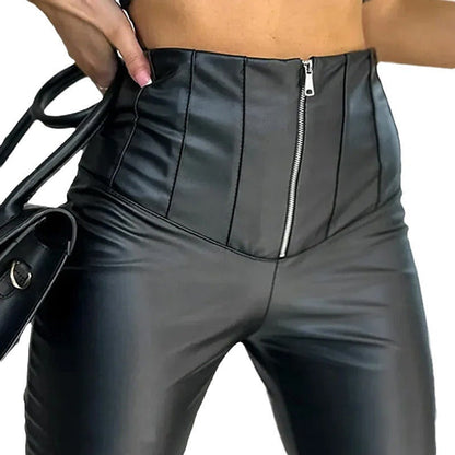 Damen Kunstlederhose Stretch Reißverschluss Schwarz