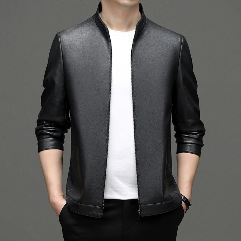 Herren Lederjacke Modern Stehkragen Elegant Schwarz