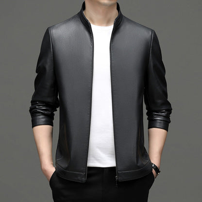 Herren Lederjacke Modern Stehkragen Elegant Schwarz