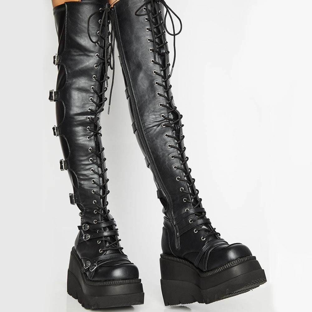 Damen Plateau Stiefel Hoch mit Reißverschluss und Schnürsenkel Schwarz
