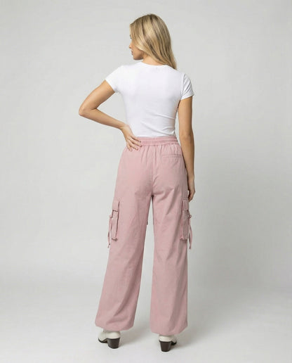 Damen Cargohose Hochtailliert mit Seitenschlaufen und Verstellbarem Saum