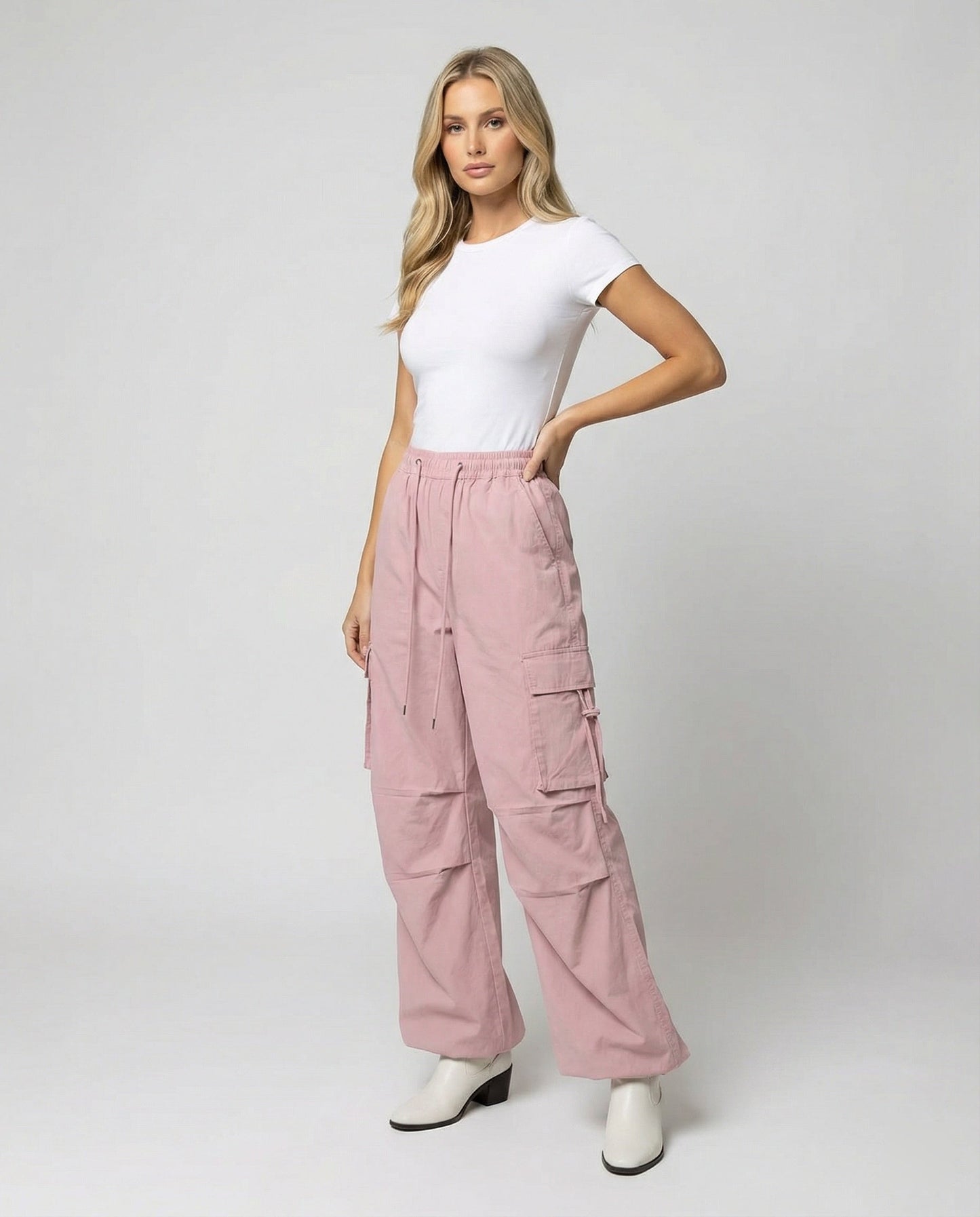 Damen Cargohose Hochtailliert mit Seitenschlaufen und Verstellbarem Saum