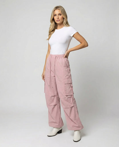 Damen Cargohose Hochtailliert mit Seitenschlaufen und Verstellbarem Saum