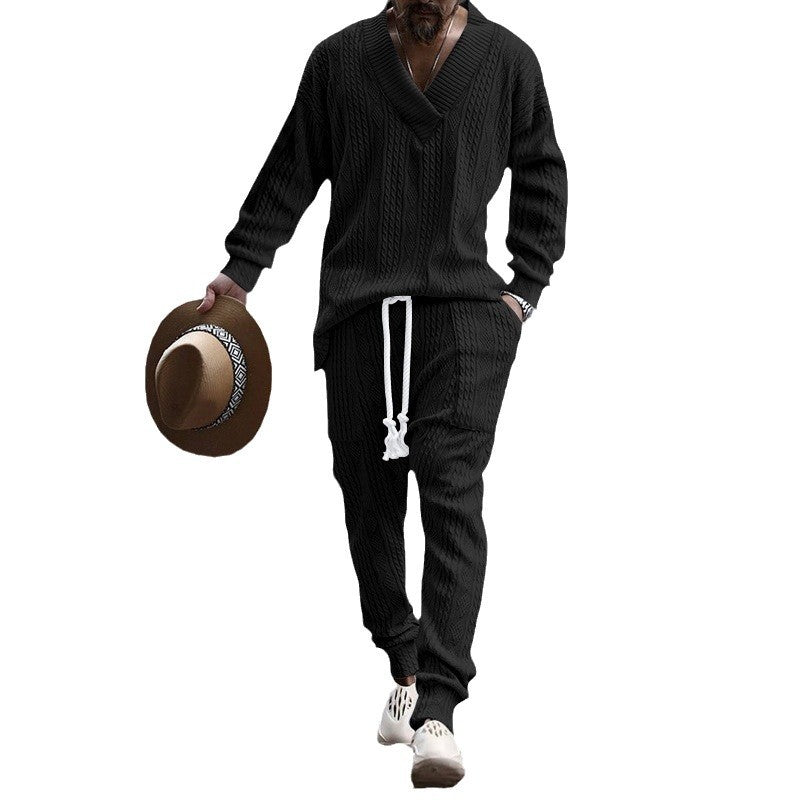 Herren Strickanzug Set mit V-Ausschnitt und Kordelzug Casual