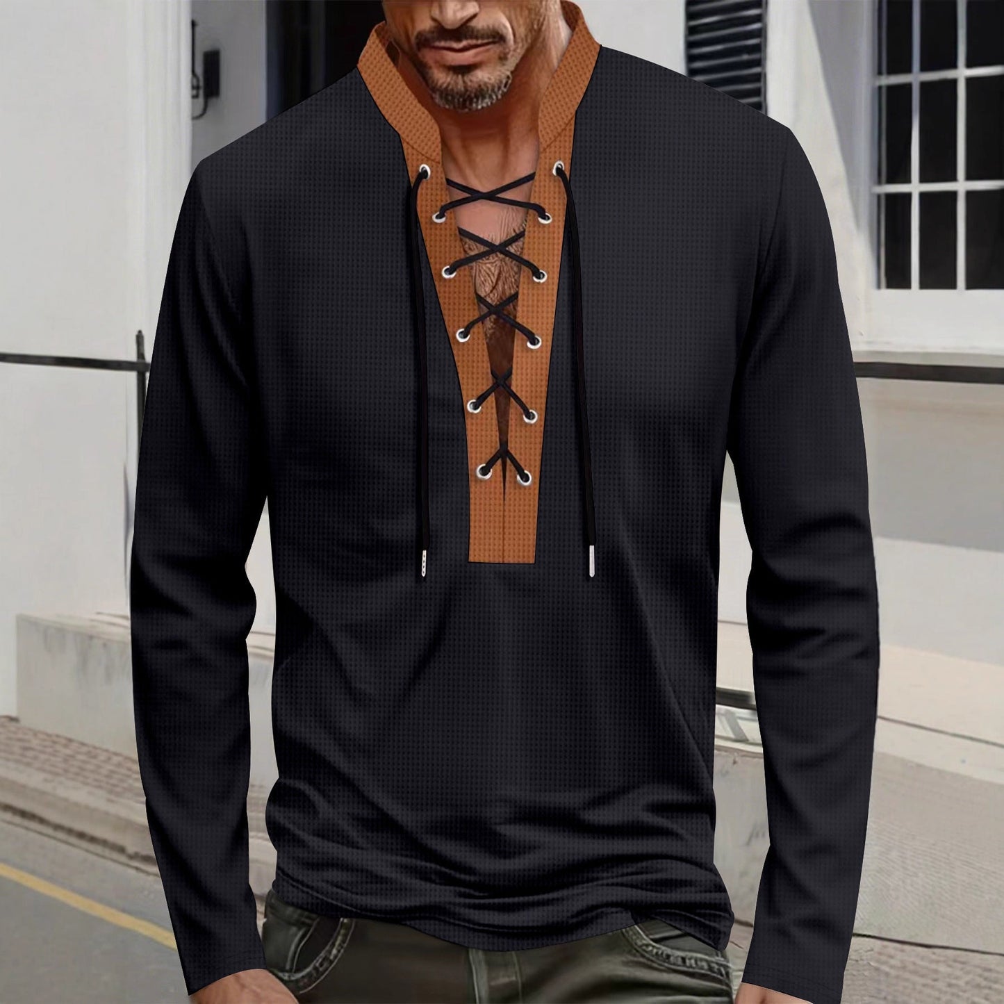 Herren Langarmshirt Modern Schnürdesign Kragen