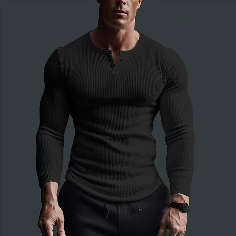 Herren Langarmshirt Slim Fit Rippmuster Knopfleiste