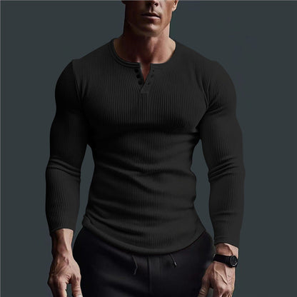 Herren Langarmshirt Slim Fit Rippmuster Knopfleiste