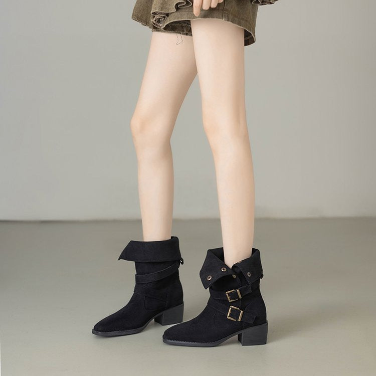 Damen Stiefel Schnällen Design Bequem Blockabsatz