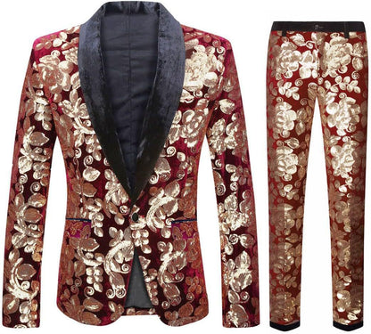 Herren Anzug Samt mit Pailletten Muster Elegant Schwarz