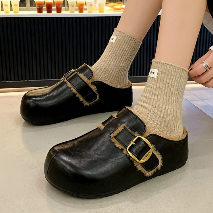 Damen Clogs Fellfutter Warme Schnalle Schuhe