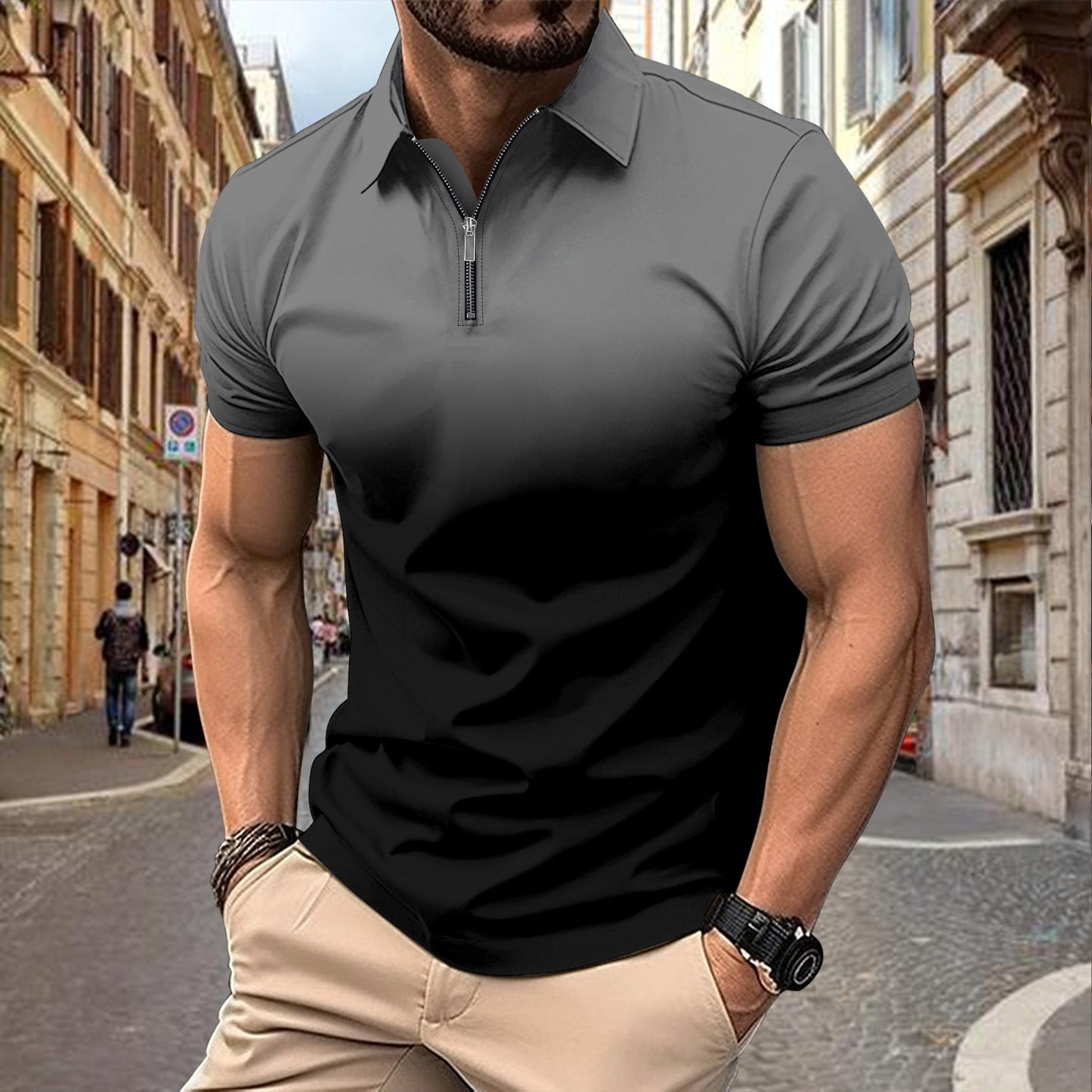 Herren Poloshirt Kurzarm Farbverlauf Modern mit Reißverschluss