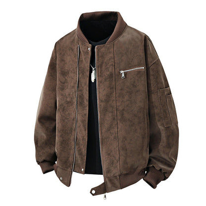 Herren Bomberjacke Vintage Style Reißverschluss Leder Optik