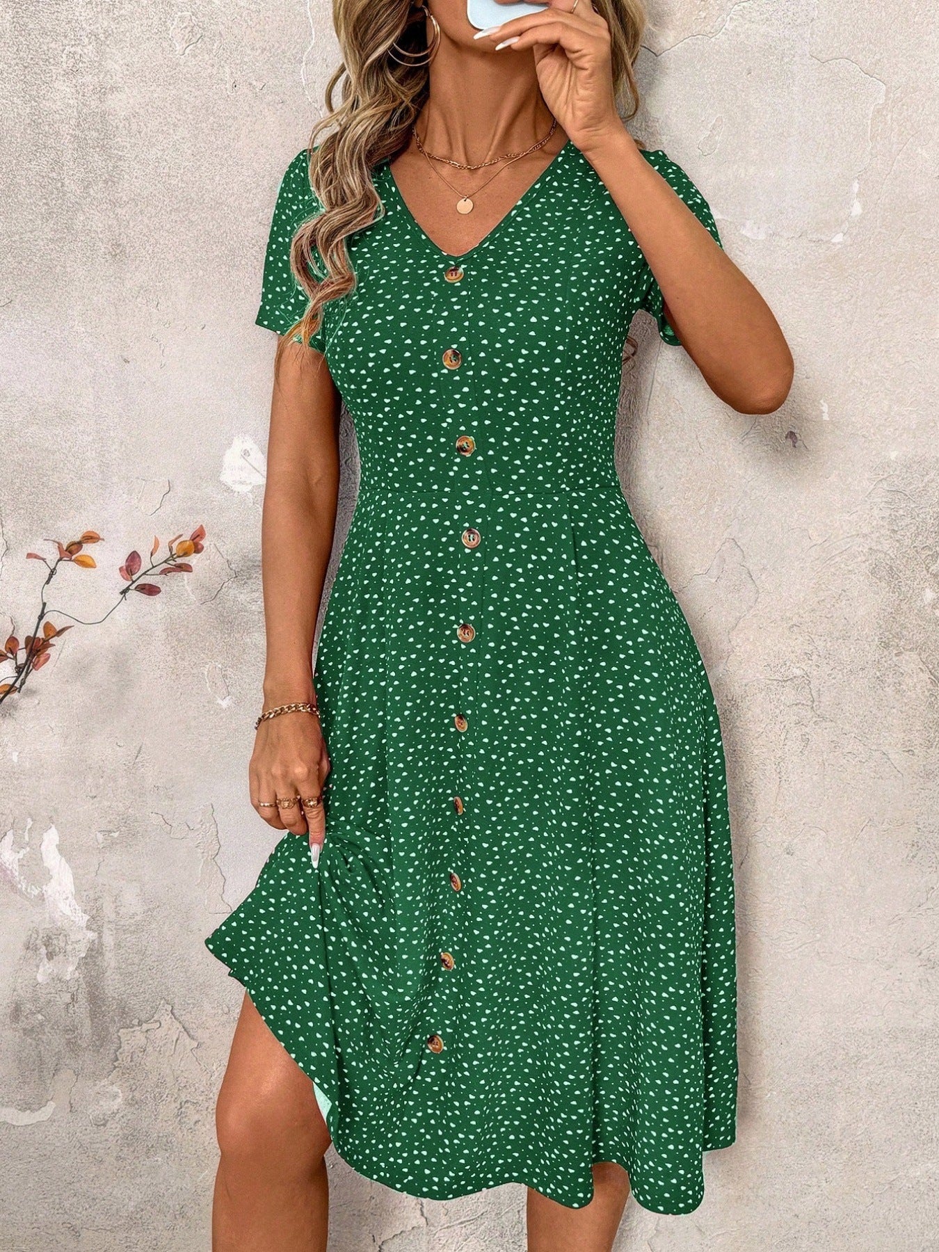 Knielanges Damenkleid V-Ausschnitt Dekorativ Knöpfe Elegant