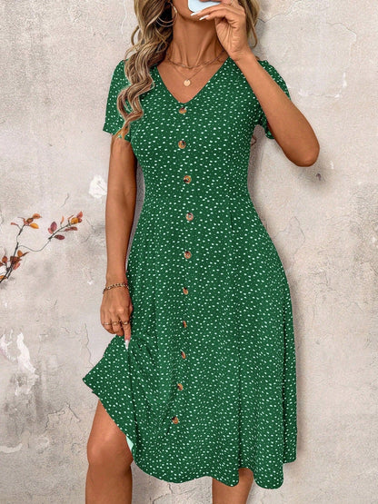 Knielanges Damenkleid V-Ausschnitt Dekorativ Knöpfe Elegant