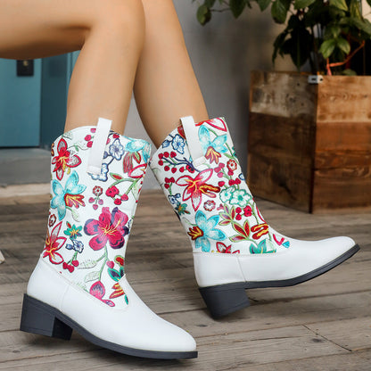 Damen Cowboy-Stiefel Blumenmuster Komfortabsatz - BerlinGlamour