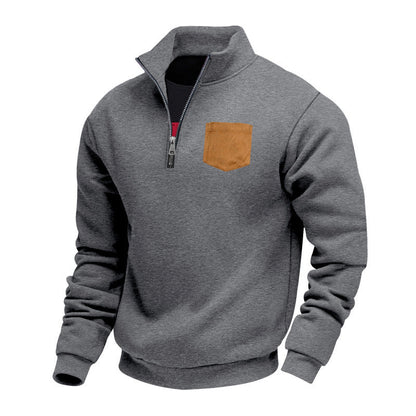 Herren Fleece Pullover Warm Mit Brusttasche Kontrast Reißverschluss