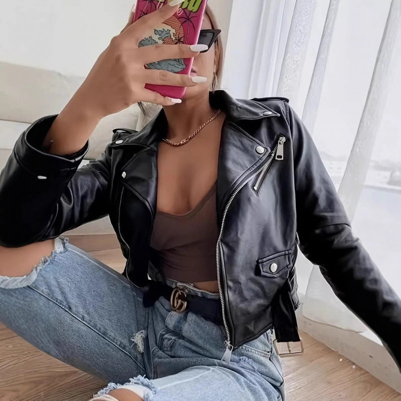 Damen Bikerjacke Kurz Lederjacke Asymmetrisch