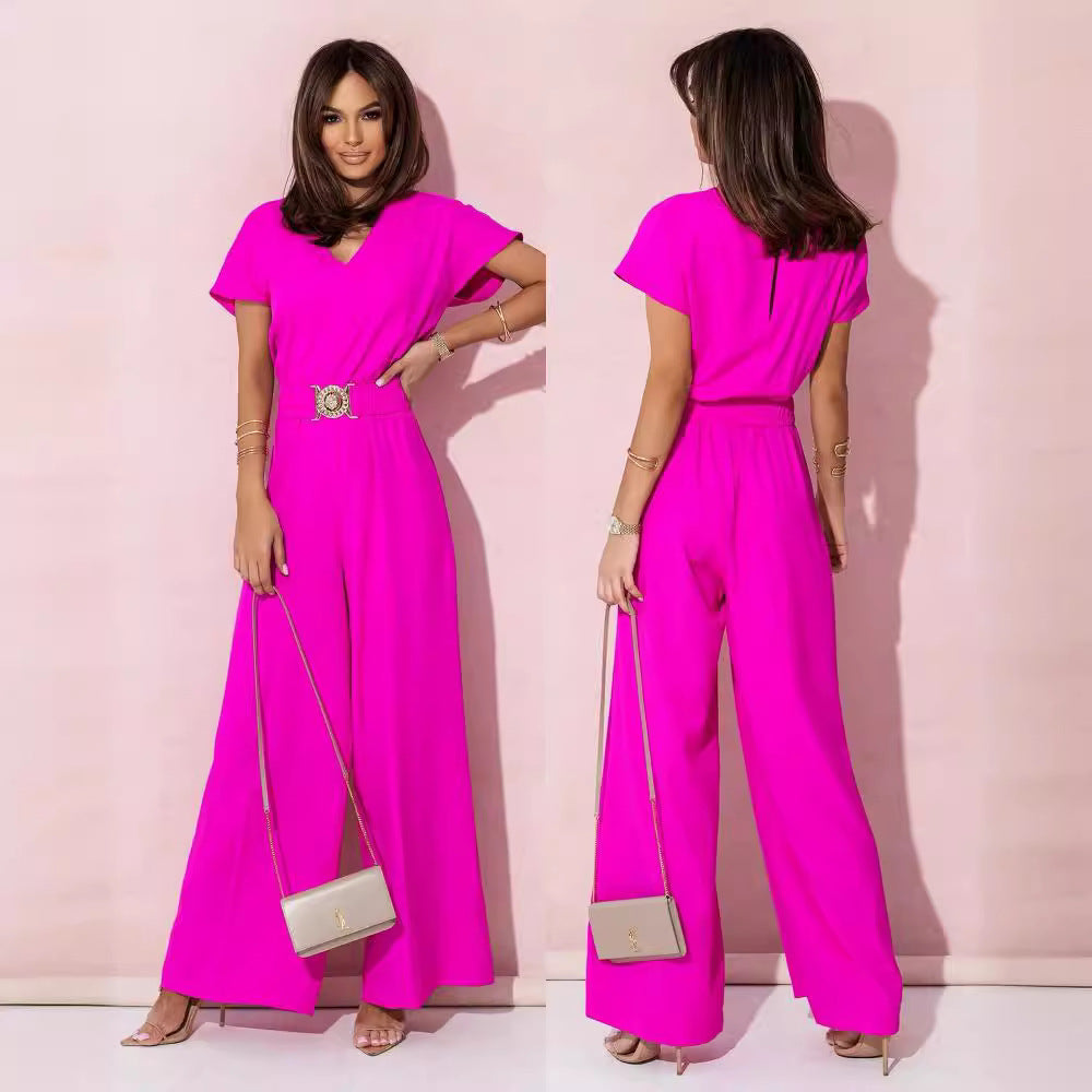 Damen Jumpsuit Weites Bein Gürtel Trendy Elegant