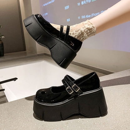 Damen Plattform Ballerinas Hoch mit Doppelriemen Glänzend