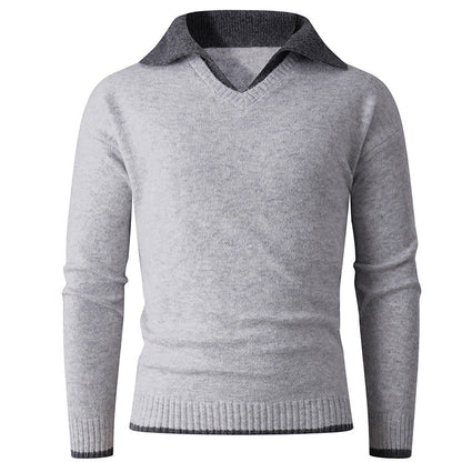 Herren Pullover V-Ausschnitt Eleganter Kontrastkragen Modern