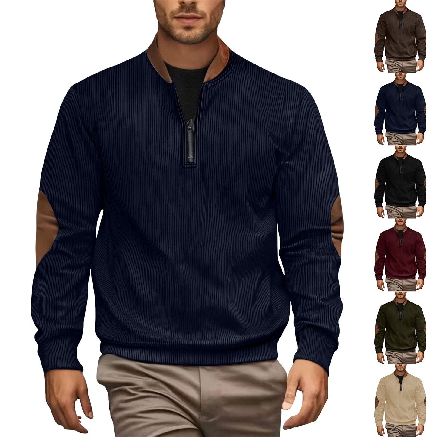 Herren Pullover Stehkragen Leder Einsätze Modern