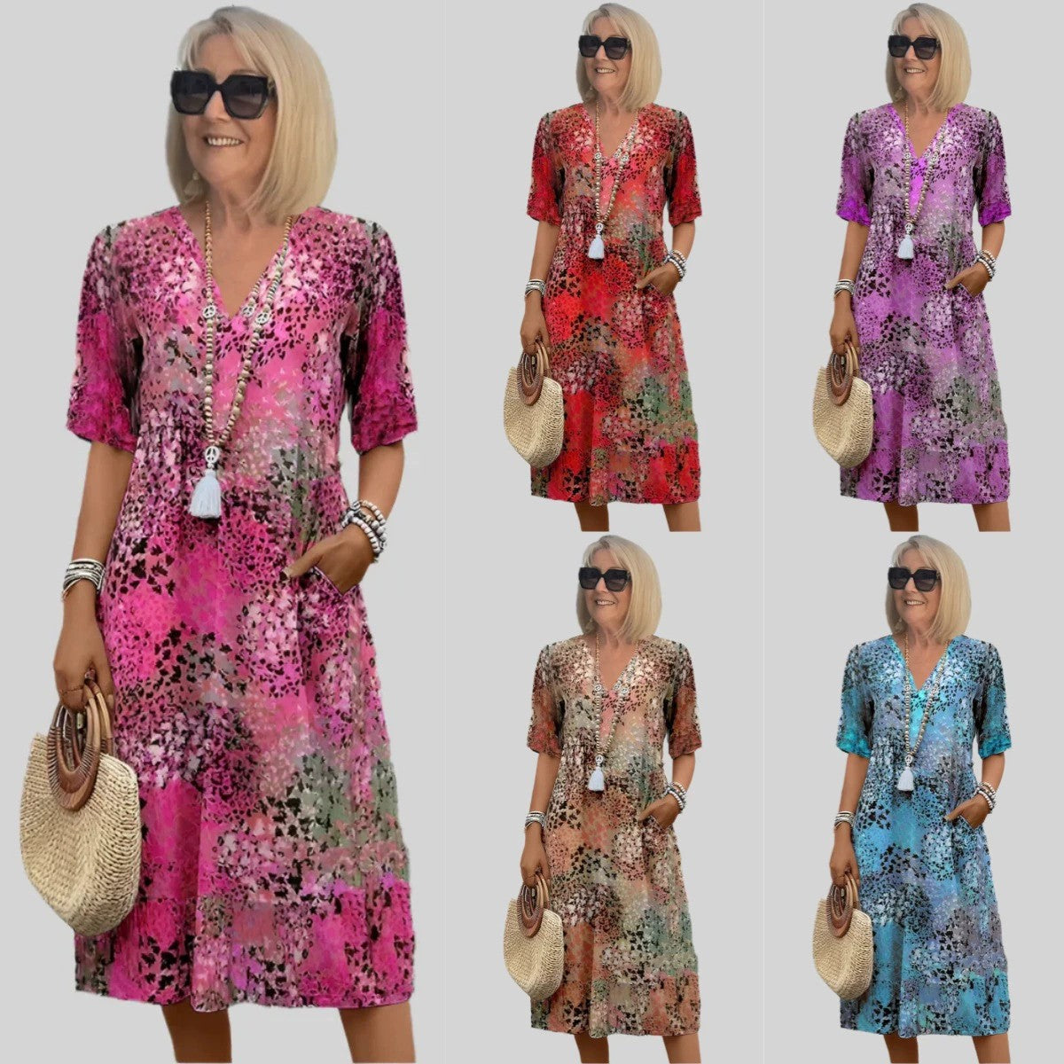 Damen Sommerkleid V-Ausschnitt Leicht mit Taschen - BerlinGlamour