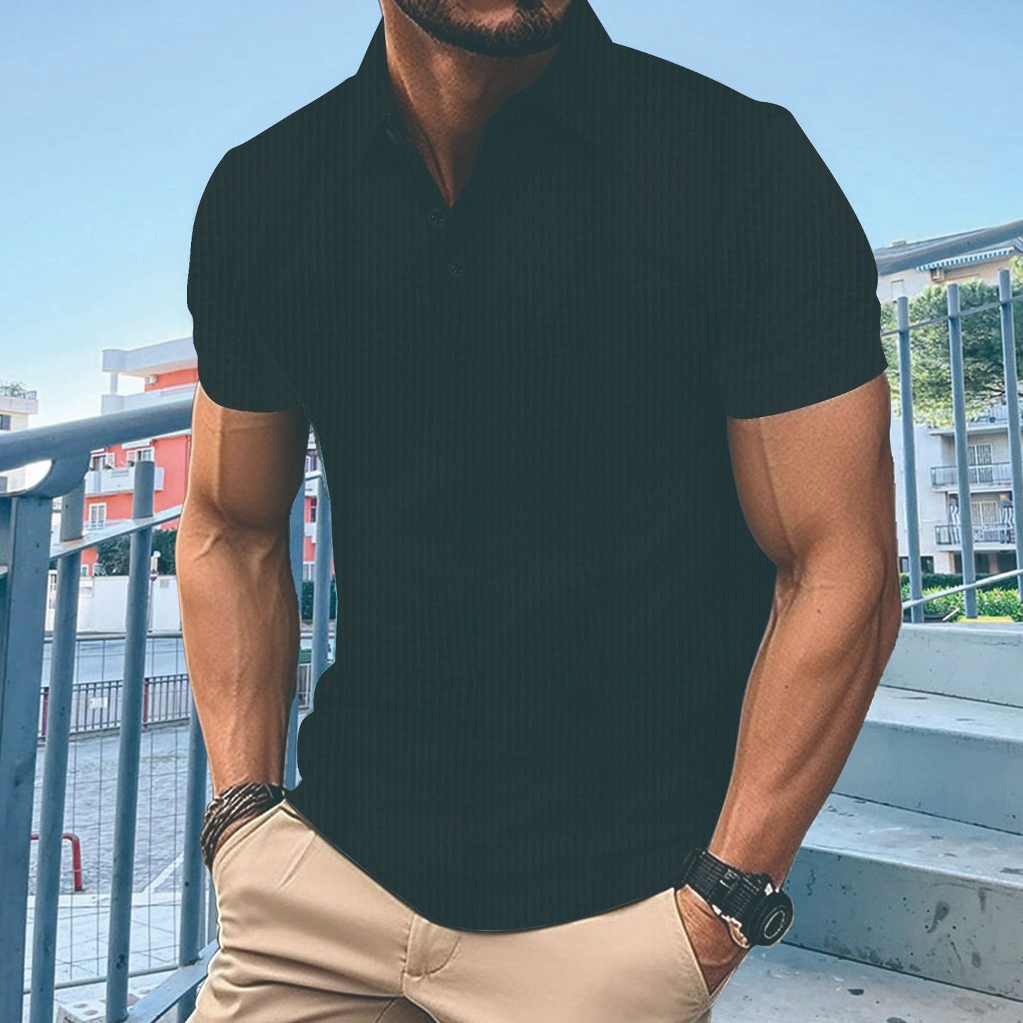 Herren T-Shirt Kurzarm Modern mit Knöpfen und Struktur - BerlinGlamour