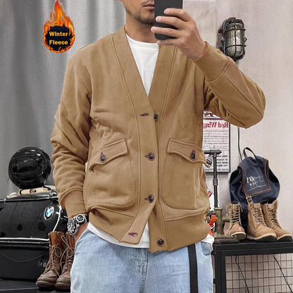 Herren Fleece-Cardigan Warm mit Knöpfen und Taschen