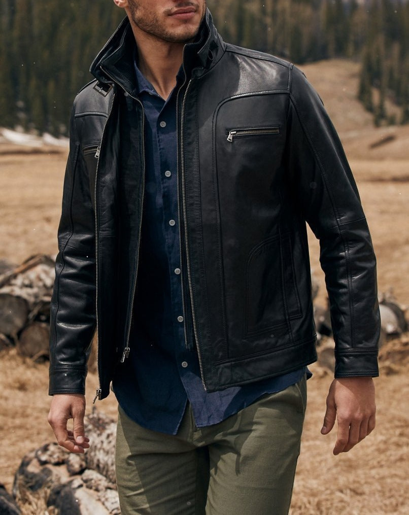 Lederjacke Herren Modern Stehkragen Vieltaschig