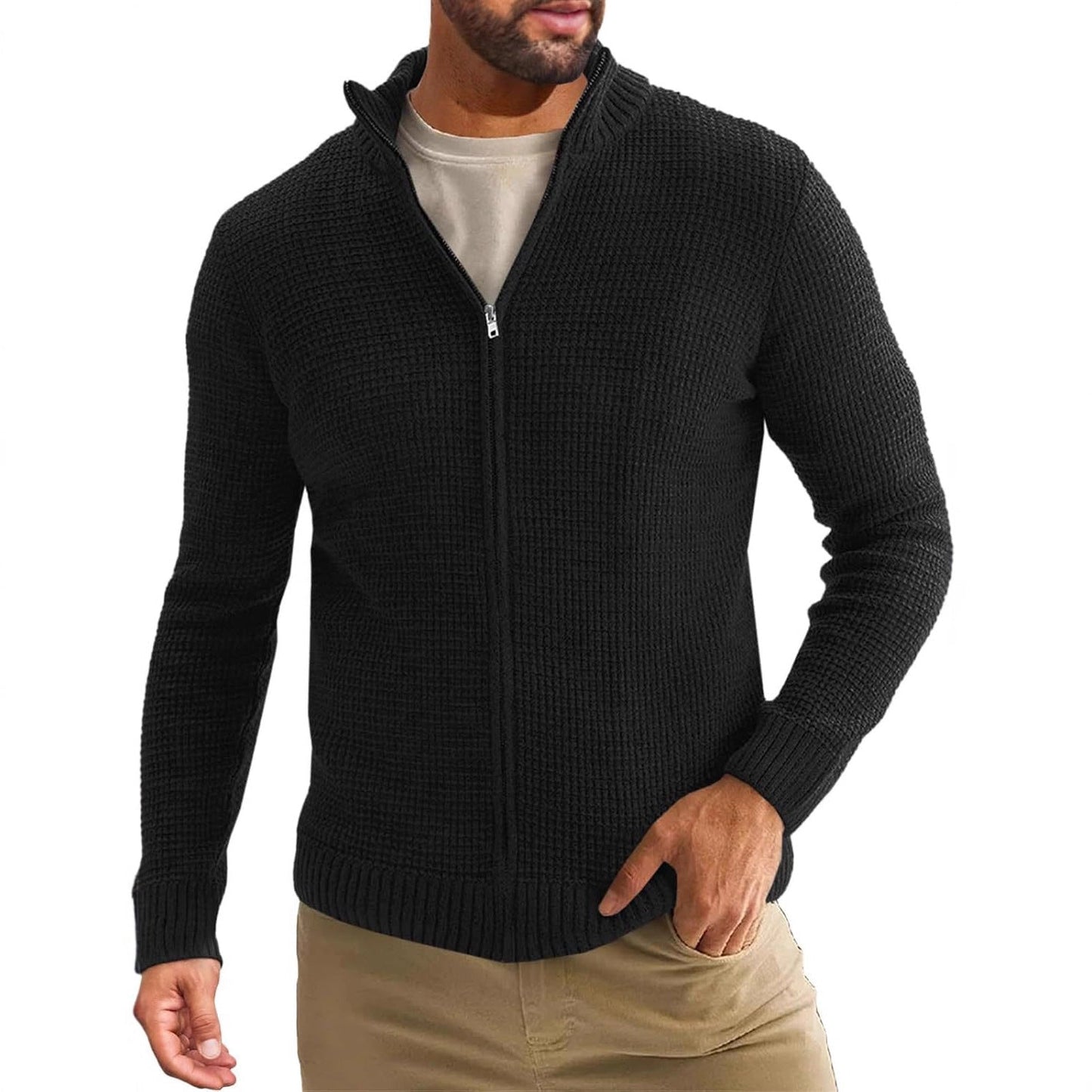 Herren Strickjacke Lang Reißverschluss Hochkragen Winter