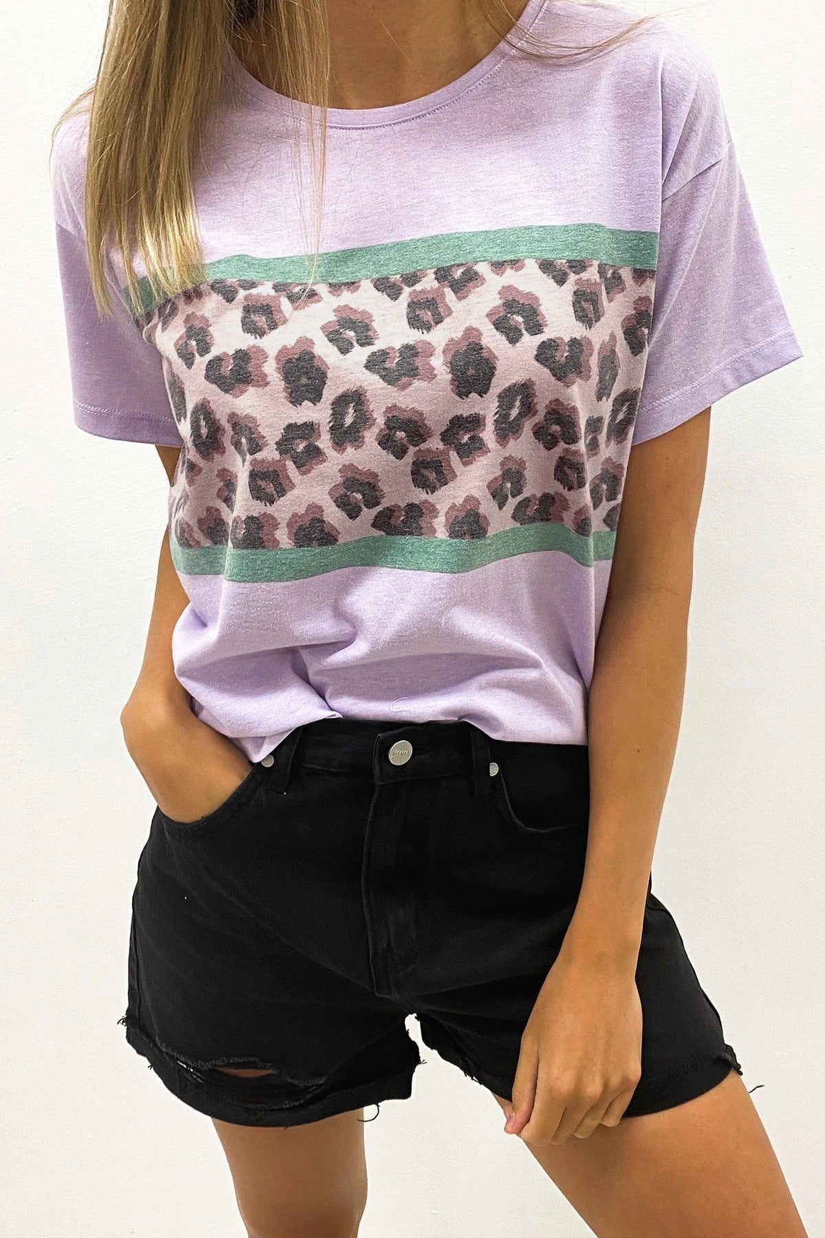 Damen T-Shirt Leopardenmuster Elastisch Glanzoptik