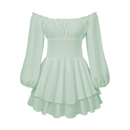 Damen Off-Shoulder Kleid Voluminös Ärmel Lange Frauenkleid Elegant