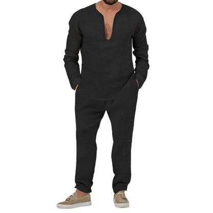 Herren Leinenanzug Set Elegantes Loungewear Stehkragen Modern