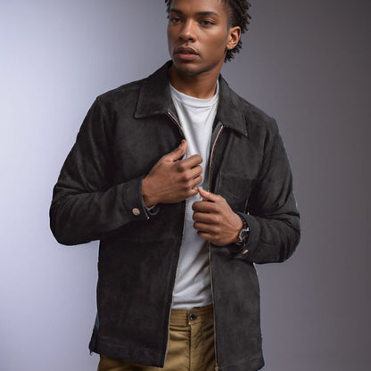 Herren Lederjacke Wildleder Stehkragen mit Taschen Casual - BerlinGlamour