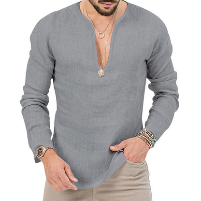 Leinen-Hemd Herren Baumwolle Relaxed Fit V-Ausschnitt