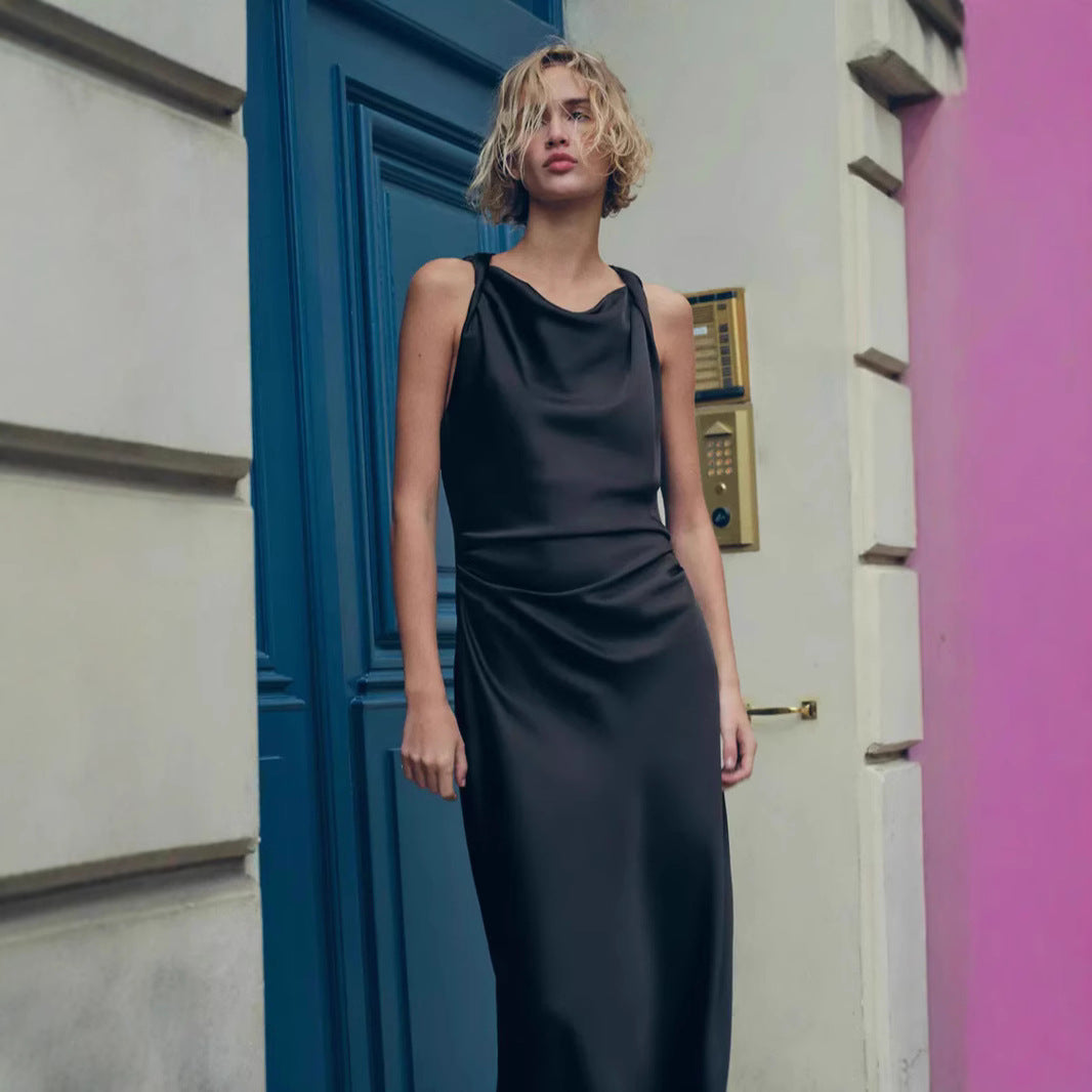 Damen Maxikleid Satin Elegant Rückenausschnitt Tief