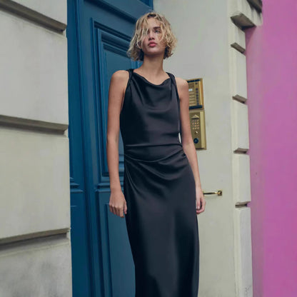 Damen Maxikleid Satin Elegant Rückenausschnitt Tief