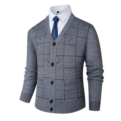 Herren Strickjacke V-Ausschnitt Modern Karomuster Grau