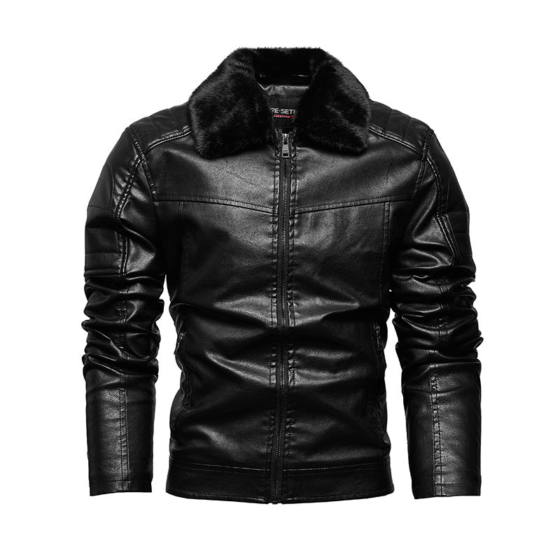 Herren Lederjacke Teddykragen Weich Schwarz Stilvoll
