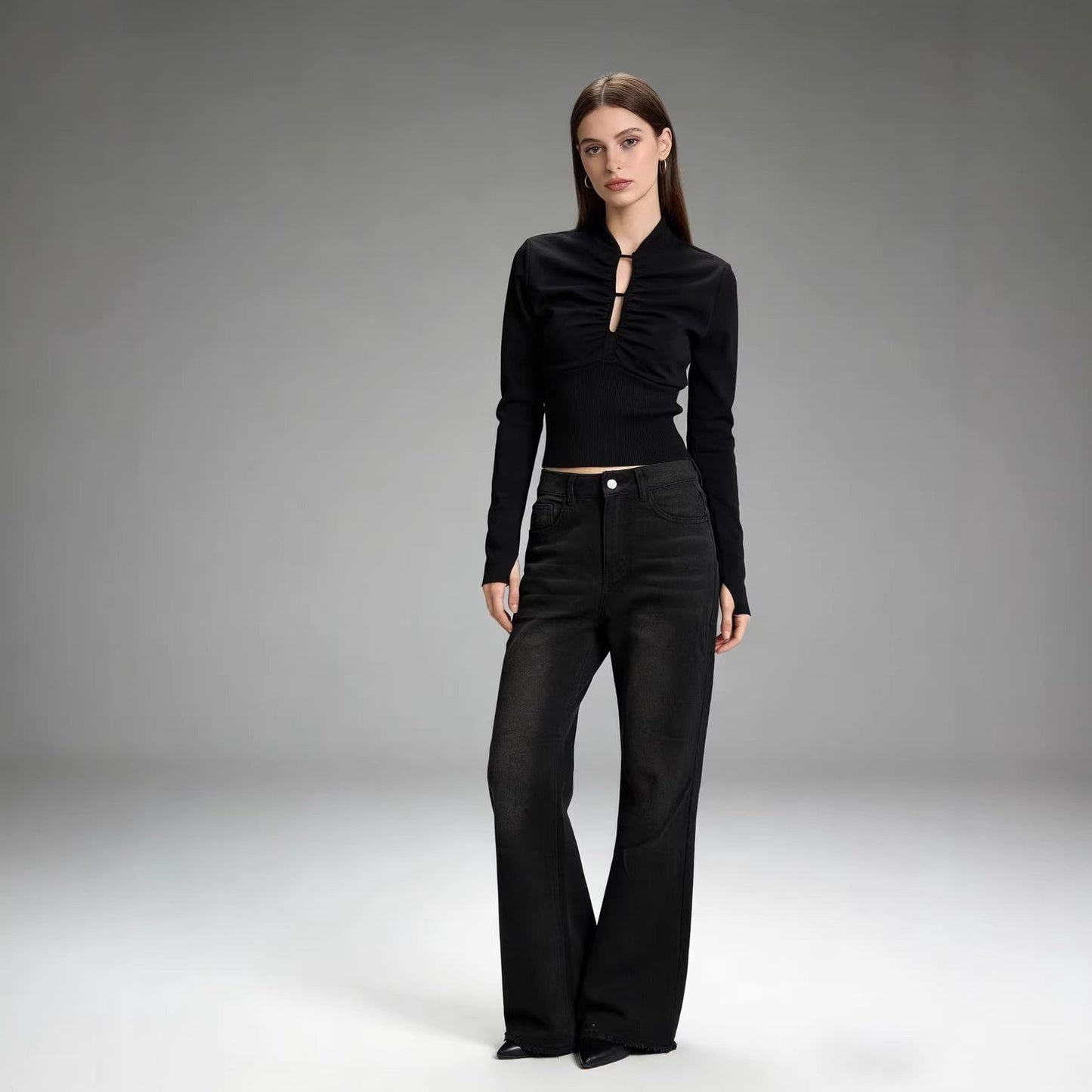 Damen Flare Jeans Hochwerder mit Fransen Saum