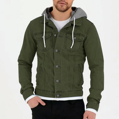 Herren Jeansjacke Kapuze Taschen Schwarz Modern