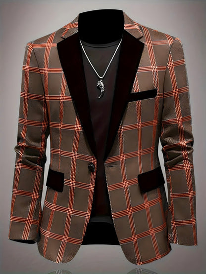 Herren Blazer Karo Elegant Samt Revers Modern