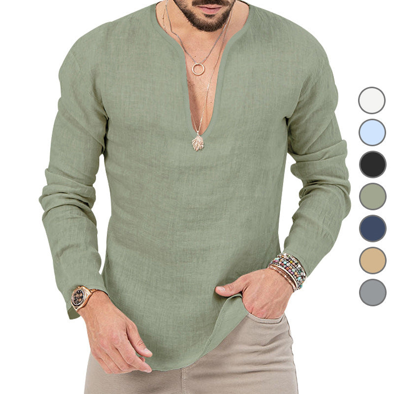 Leinen-Hemd Herren Baumwolle Relaxed Fit V-Ausschnitt