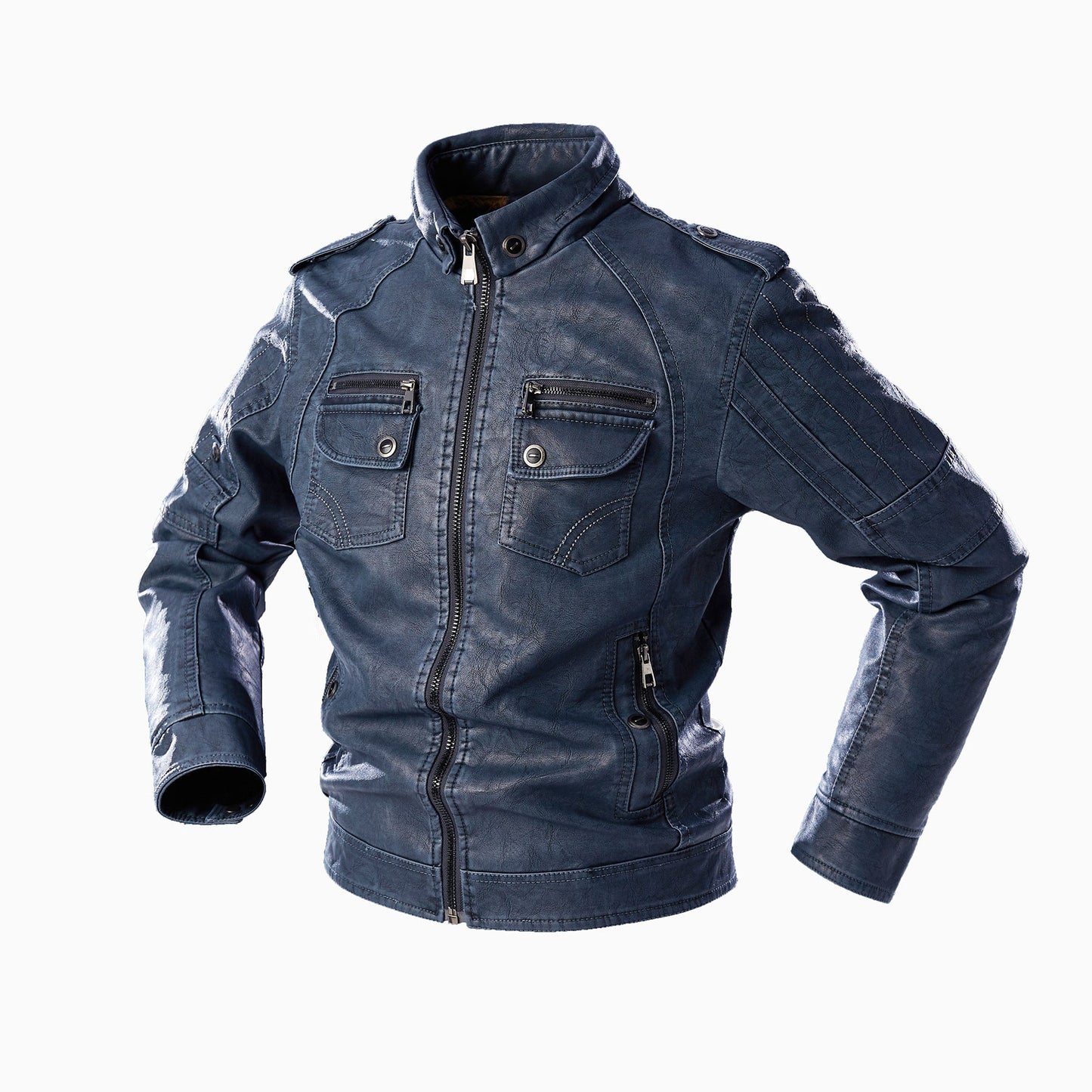 Lederjacke Herren Lässig mit vielen Taschen Schwarz