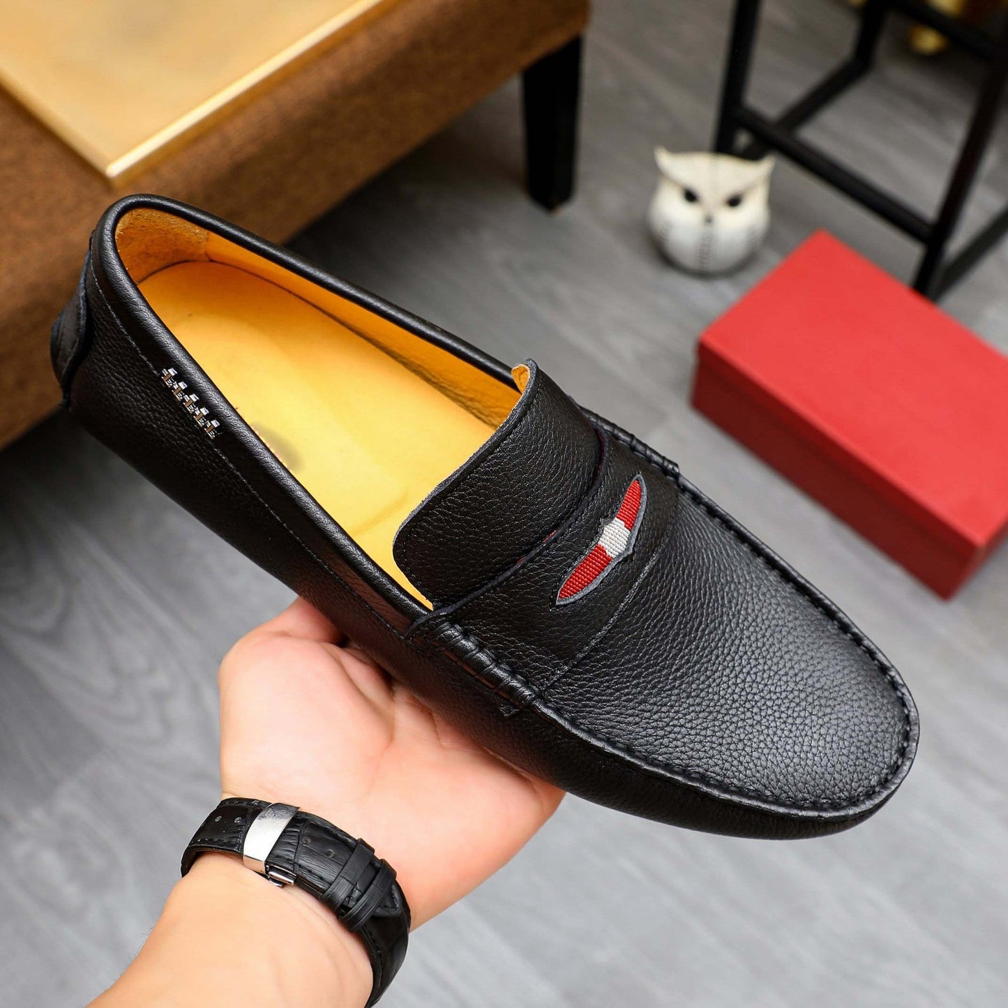 Herren Mokassin Leder Elegant Ziernaht Schuhe